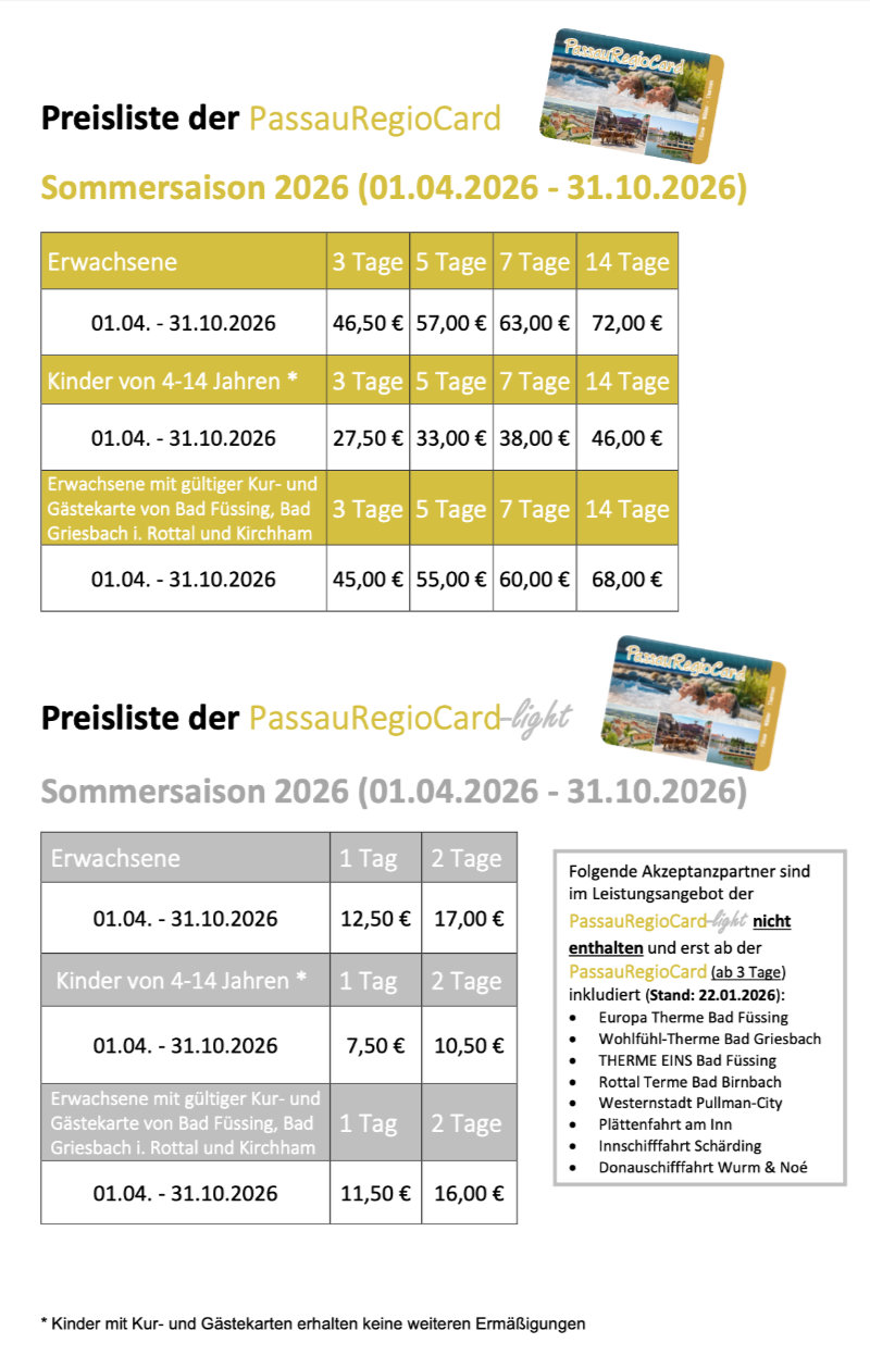 Preisliste PaReCa Sommersaison 2026